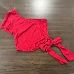 Peach Love California Red Asymmetrical Tie-Front Crop Top